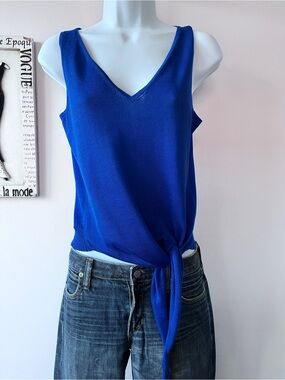Peruvian Connection Cobalt Blue Pima Cotton Knit V-Neck Tie-Front Tank Size XS